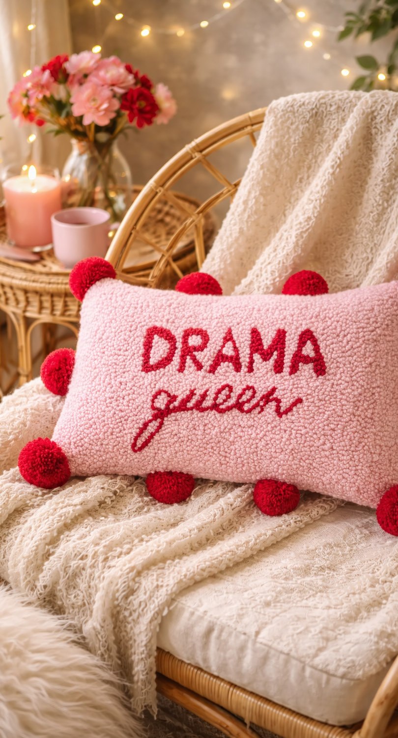 Almofada Drama Queen em Punch Needle com Lã Paratapet — almofada rosa com pompons vermelhos em cadeira de vime com luzes