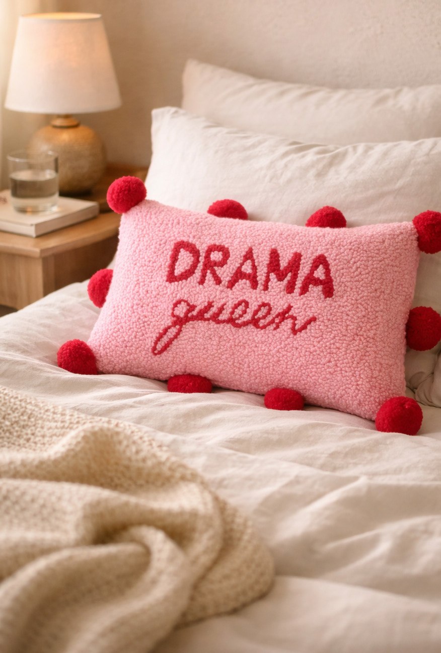 Almofada Drama Queen em Punch Needle com Lã Paratapet — almofada na cama com materiais