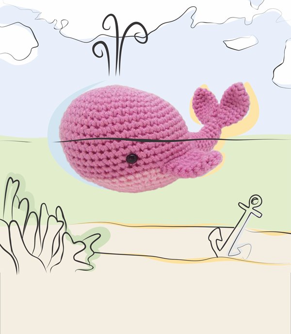 Baleia Rosa Amigurumi de Crochê — detalhes do corpo e nadadeiras laterais