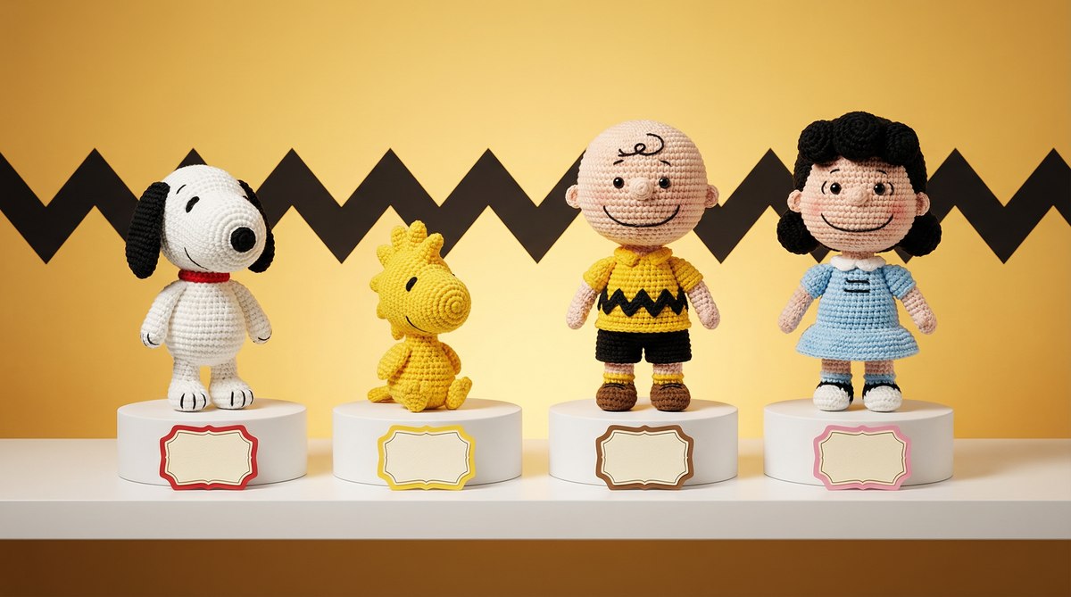 Coleção completa Kit Amigurumi Peanuts Círculo: Snoopy, Woodstock, Charlie Brown e Lucy prontos em display colecionável