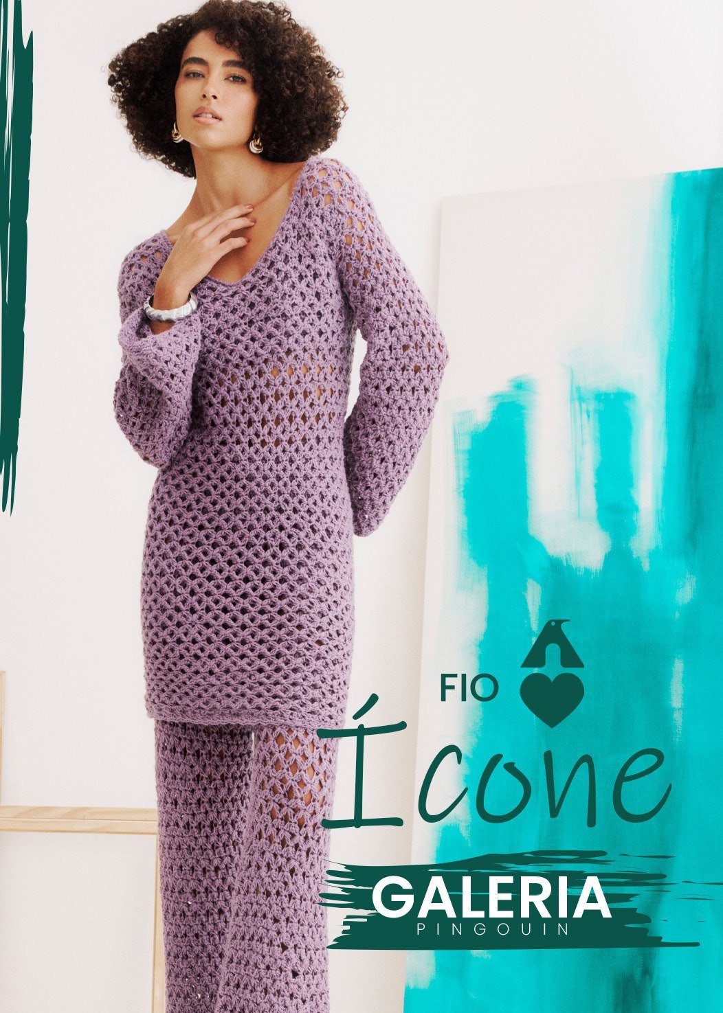 Conjunto Ícone Hit de crochê lilás com vestido e calça — vista frontal. Fio Ícone Pingouin cor Hit 7108