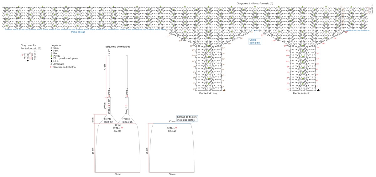 Diagramas dos pontos fantasia A e B e esquema de medidas do Vestido Nácar