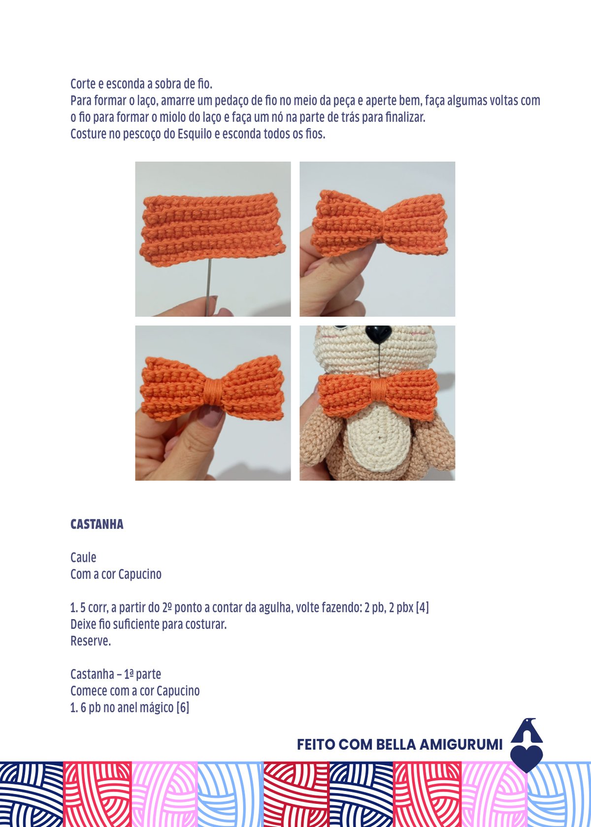 Gravata borboleta laranja do amigurumi Enrico, com processo de confecção e resultado fixado no pescoço