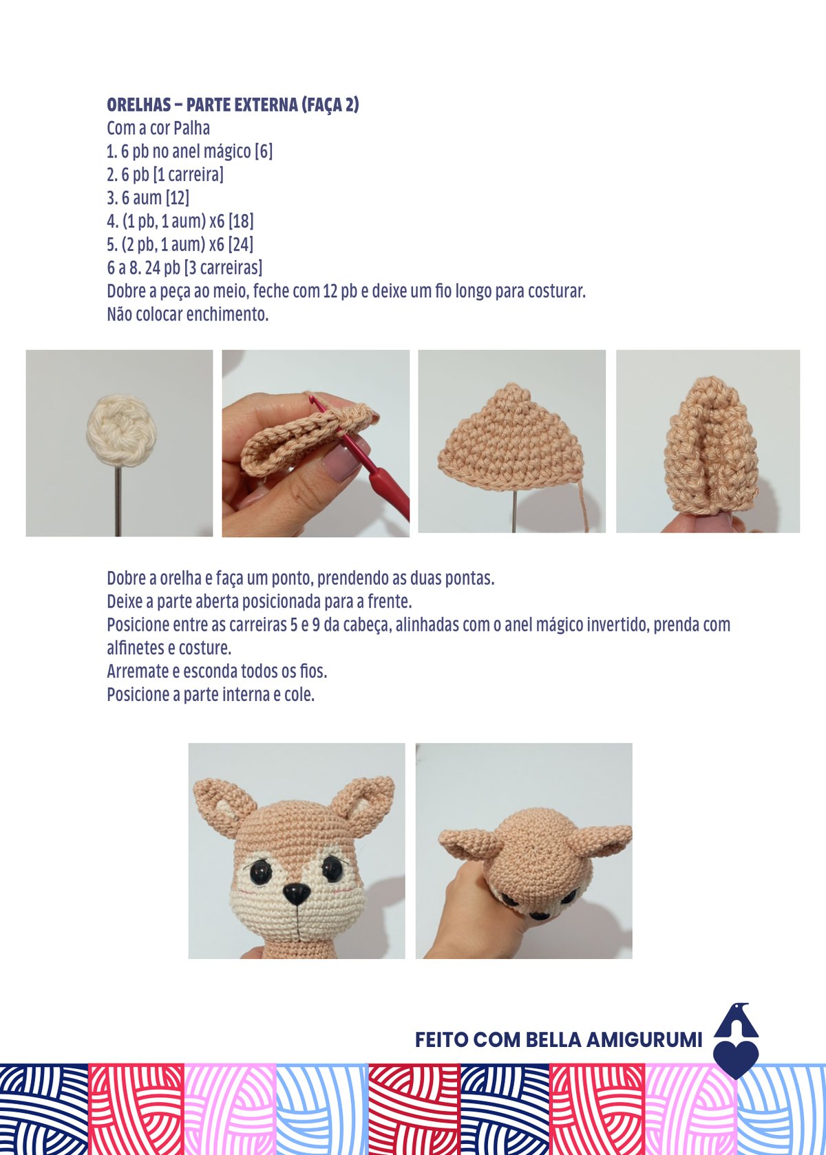 Processo de confecção e fixação das orelhas do amigurumi Enrico