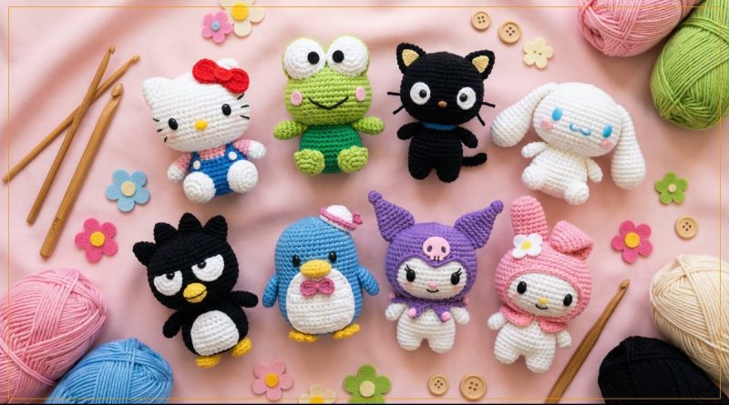 Coleção completa de amigurumis Hello Kitty and Friends da Círculo com 8 personagens Sanrio em crochê