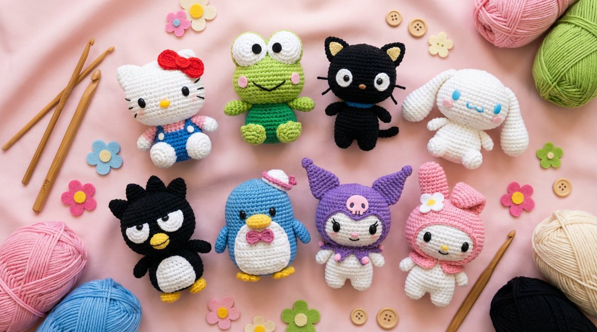 Coleção de amigurumis Hello Kitty and Friends da Círculo com Hello Kitty Keroppi Chococat Cinnamoroll Badtz-Maru Tuxedosam Kuromi e My Melody