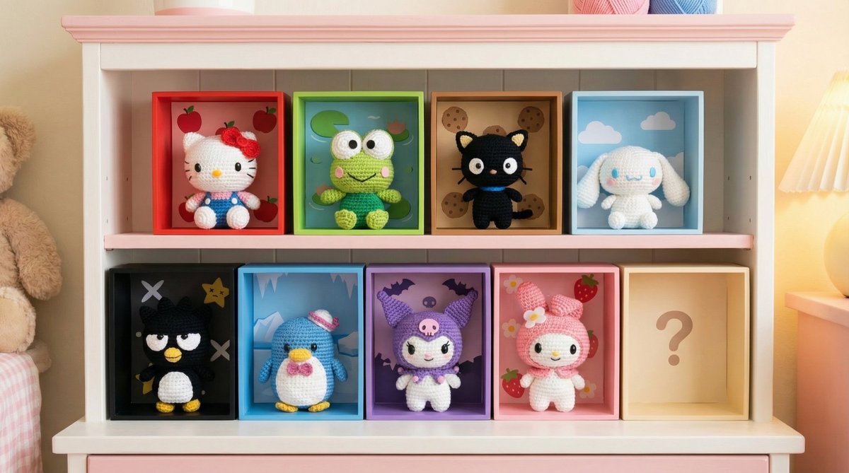 Display com coleção de amigurumis Hello Kitty and Friends da Sanrio em caixas coloridas temáticas de cada personagem