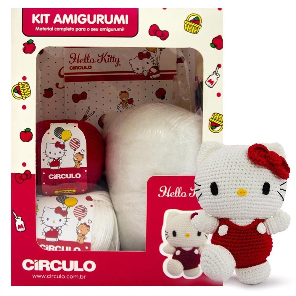 Kit Amigurumi Hello Kitty da Círculo com caixa embalagem novelos agulha fibra e amigurumi pronto ao lado