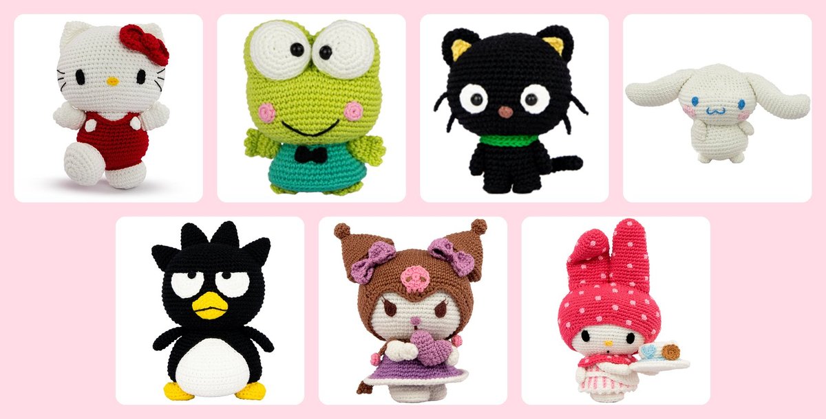 Mosaico com fotos reais dos amigurumis Hello Kitty Keroppi Chococat Cinnamoroll Badtz-Maru Kuromi e My Melody feitos em crochê