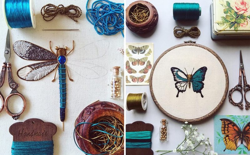 Close up de bordado Goldwork