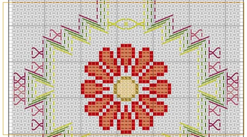 Jogo de cama solteiro branco bordado com ponto cruz e vagonite — Linha Anchor Mouliné Círculo