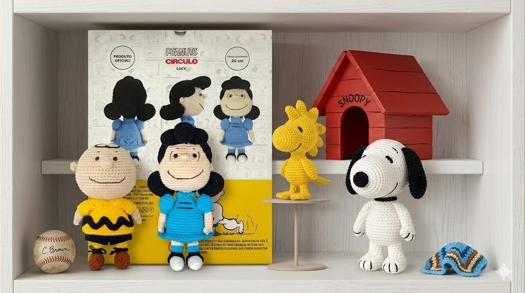 Coleção Kit Amigurumi Peanuts Círculo: Charlie Brown, Lucy, Woodstock e Snoopy com a casinha vermelha — todos os personagens em crochê