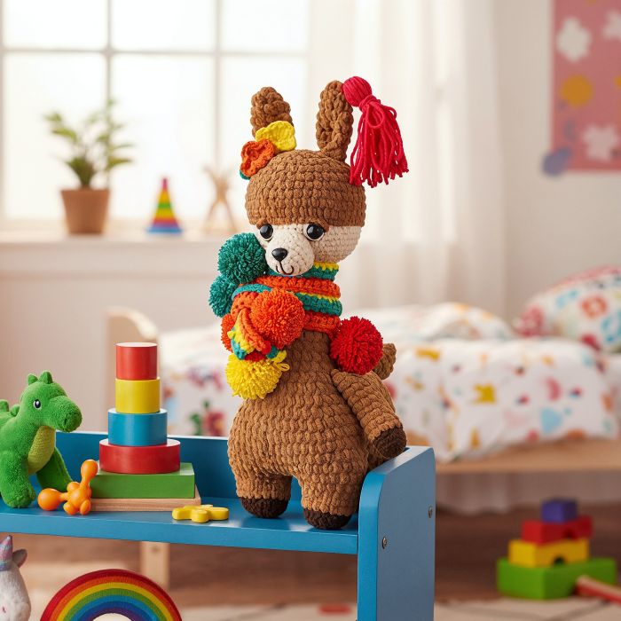 Lhama Nina amigurumi de crochê com Fio Amigurumi Chenille e Soft Círculo, com cachecol colorido e flores