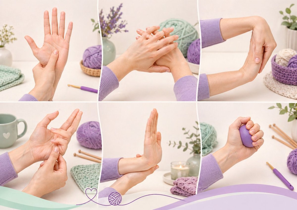 Sequência de seis exercícios de fisioterapia para mãos e punhos demonstrados por artesã com suéter roxo