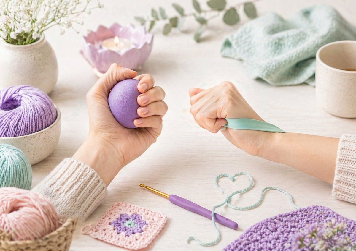Exercícios de fortalecimento com bolinha e faixa elástica para mãos de artesã, com novelos de crochê ao fundo
