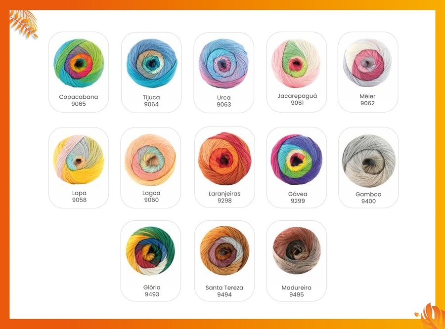 Paleta do Fio Rio Pingouin — 13 combinações de cores vibrantes em espiral