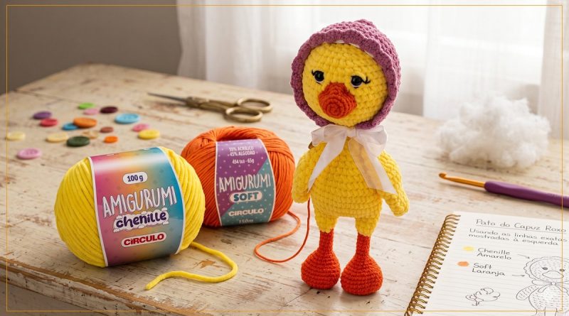 Pata Margarida amigurumi em Fio Amigurumi Chenille amarelo e Soft Círculo laranja com toquinha orquídea em crochê e laço branco