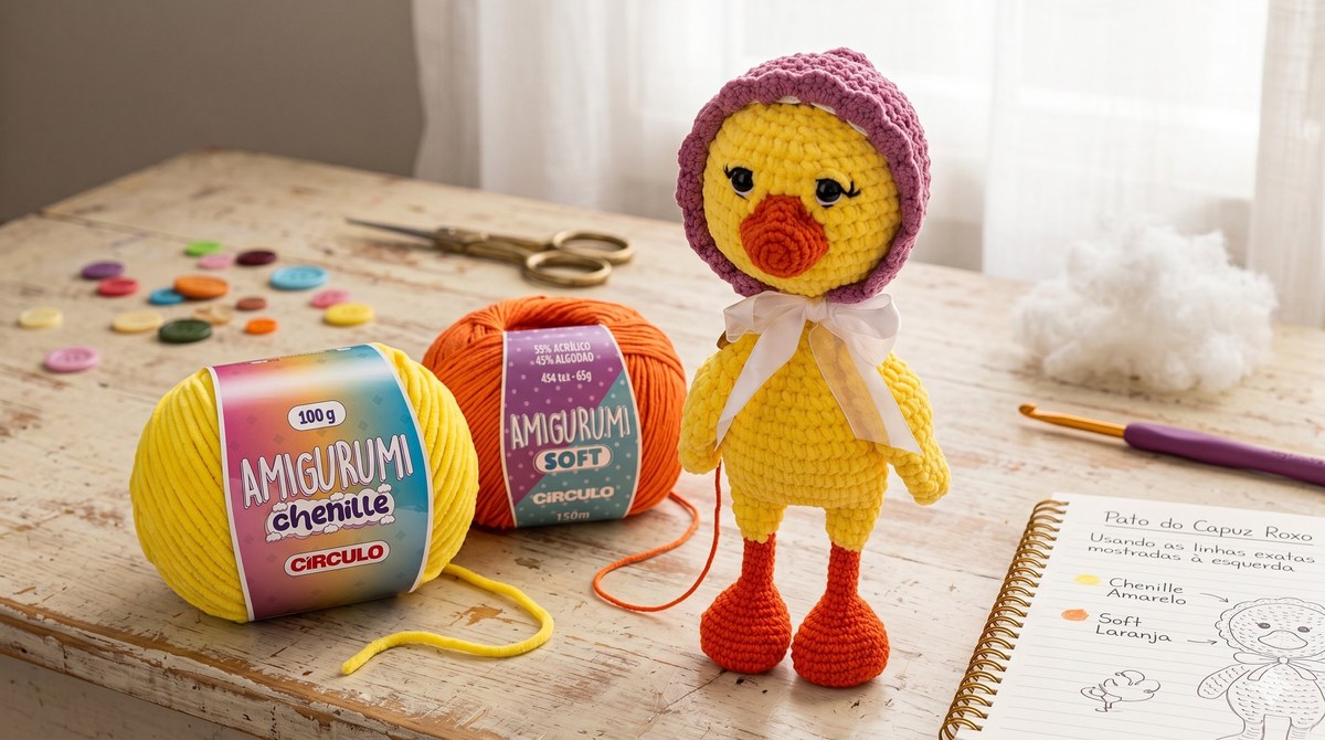 Pata Margarida amigurumi em Fio Amigurumi Chenille amarelo com toquinha lilás em crochê, botões decorativos coloridos e fio Amigurumi Soft laranja sobre mesa de madeira