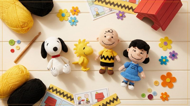 Coleção Kit Amigurumi Peanuts Círculo: Snoopy, Woodstock, Charlie Brown e Lucy em crochê sobre flat lay amarelo com novelos e ganchinho