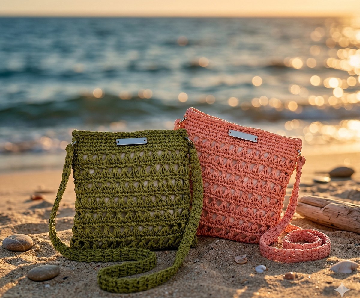 Bolsas de crochê feitas com Fio de Ráfia EuroRoma nas cores verde oliva e rosa