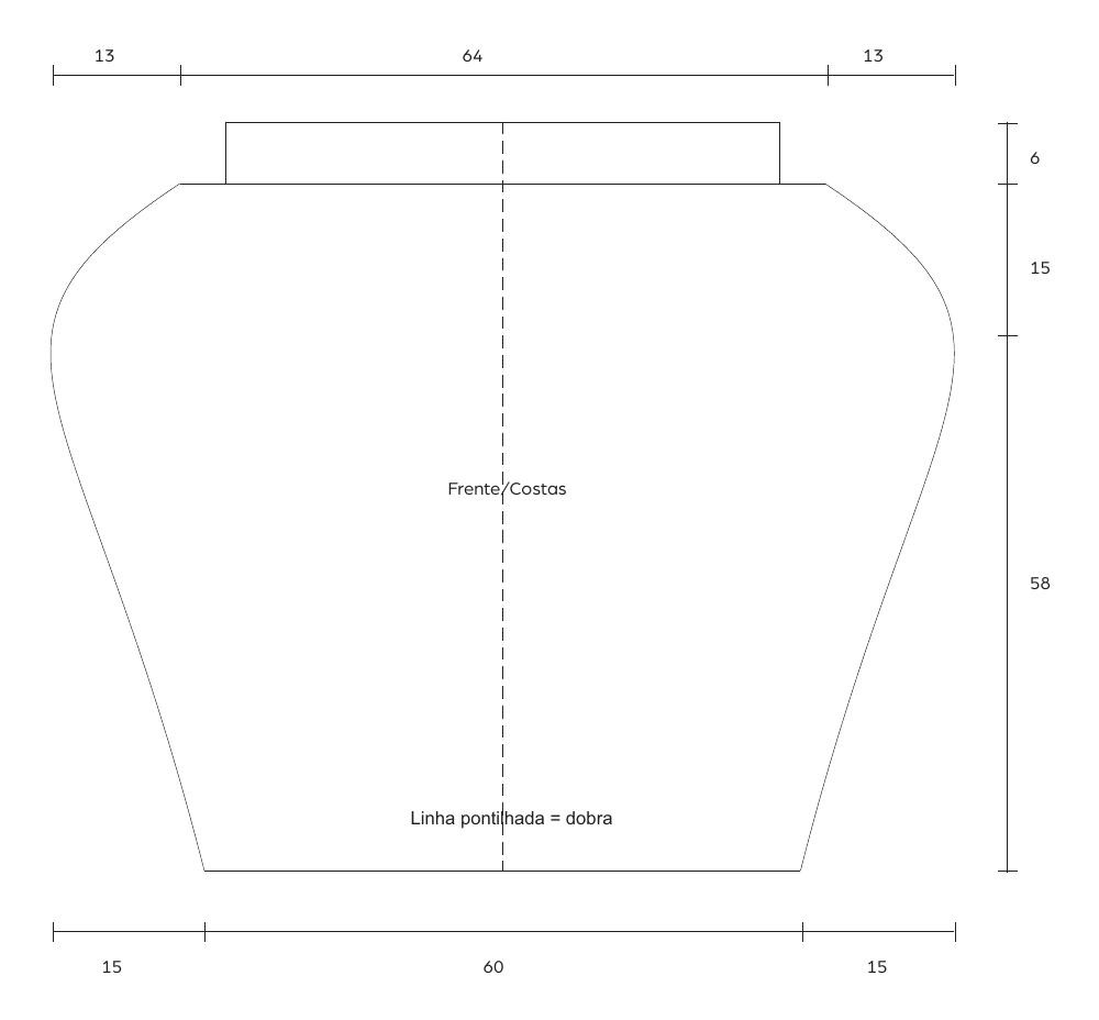 Molde técnico da Saia Corais de Tricô com medidas: cós 64cm, barra 90cm, comprimento 79cm