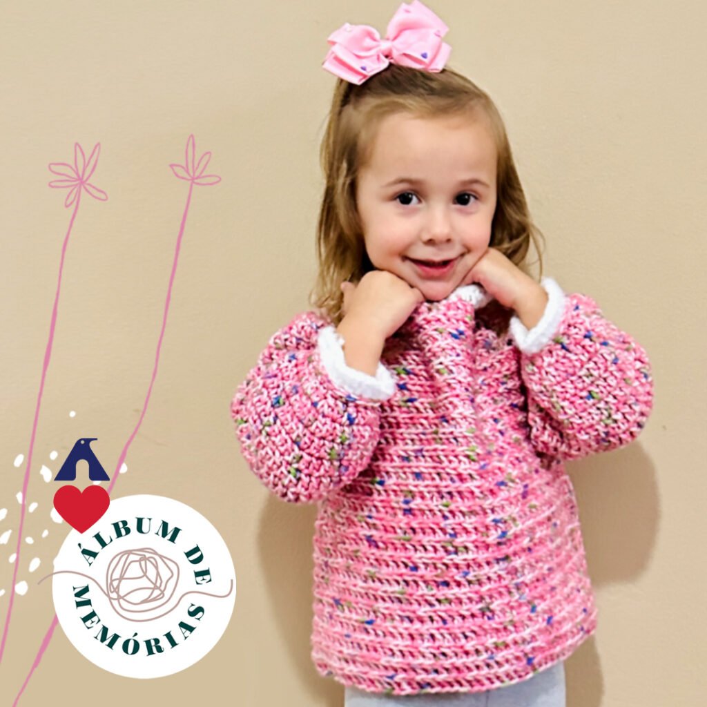 Suéter Infantil Picnic de Crochê com Fio Picnic Pingouin – peça pink com gola franzida em Fio Mantiqueira