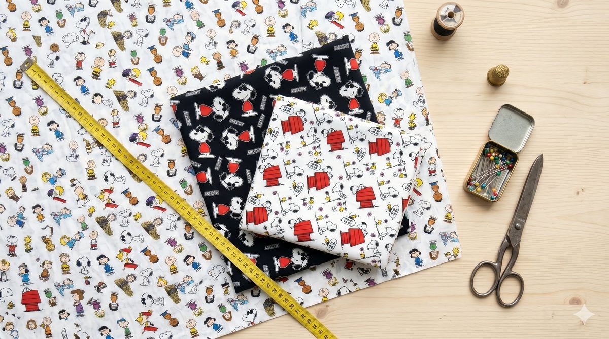 Flatlay com as estampas da Coleção de Tecidos Snoopy Círculo – 9 opções exclusivas
