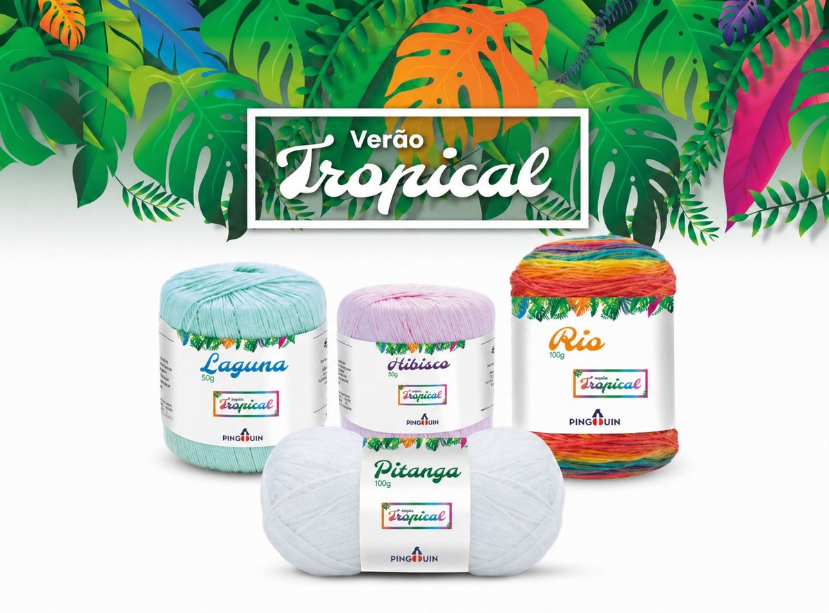 Todos os fios da Coleção Verão Tropical Pingouin — Hibisco, Laguna, Pitanga e Rio