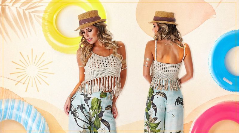 Top Cropped de crochê com Linha Anne e franjas frente e costas