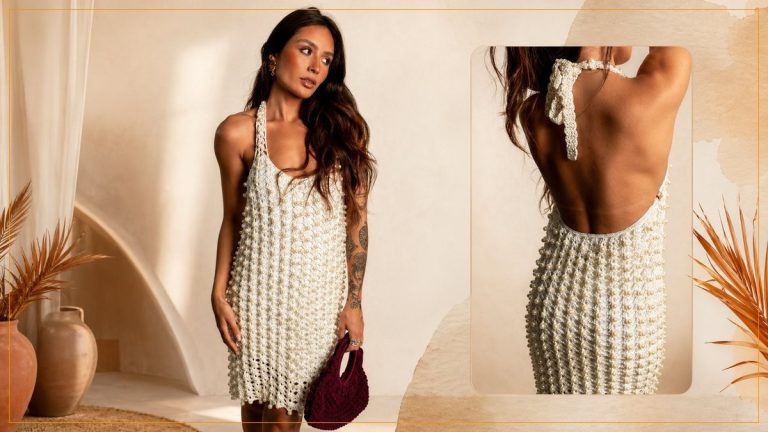 Vestido Nácar com Encanto Slim e Pérolas – Elegância no Crochê
