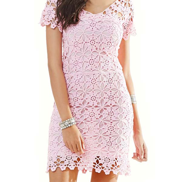 Vestido Verão de Crochê com Linha Anne 500 rosa — motivos florais com gráfico completo