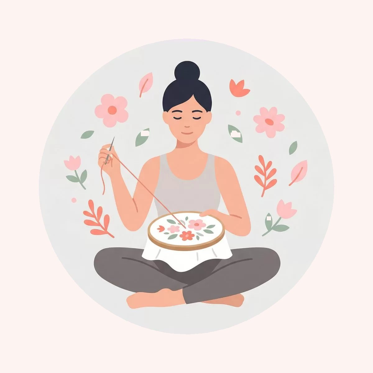Ilustração conceitual unindo bordado e yoga como práticas de bem-estar