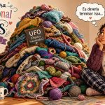 Ilustração de artesã sentada ao lado de uma montanha de projetos de crochê e tricô inacabados