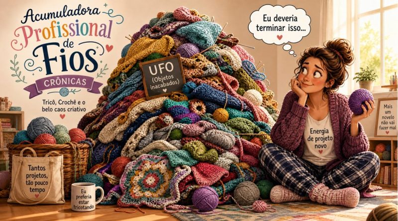 Ilustração de artesã sentada ao lado de uma montanha de projetos de crochê e tricô inacabados