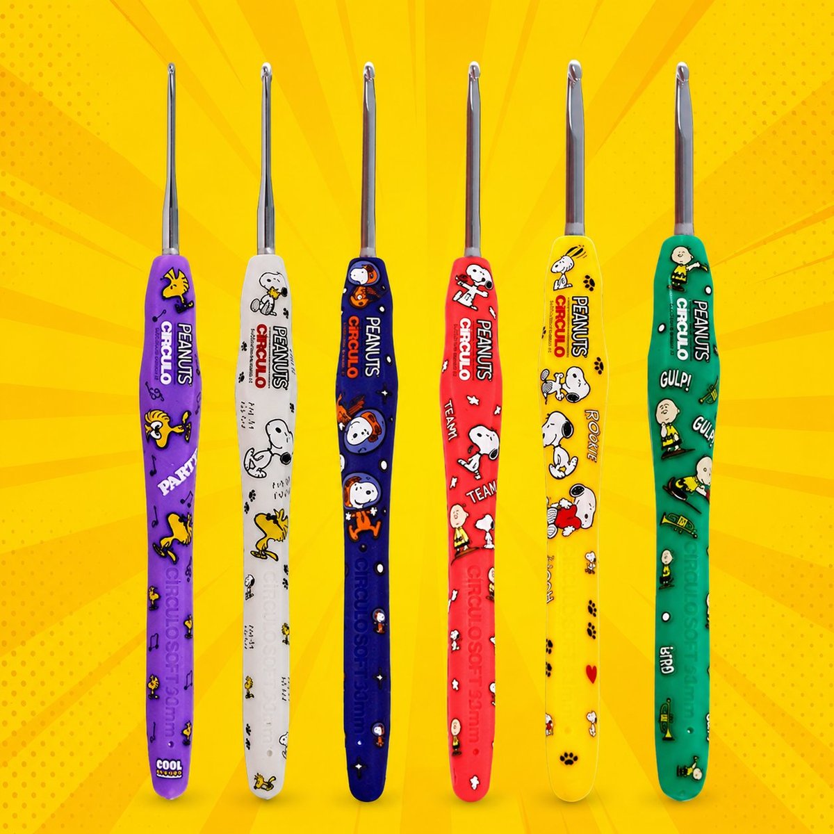 Agulhas de Crochê Soft Turma do Snoopy Círculo — 6 estampas temáticas com Snoopy, Woodstock e Charlie Brown