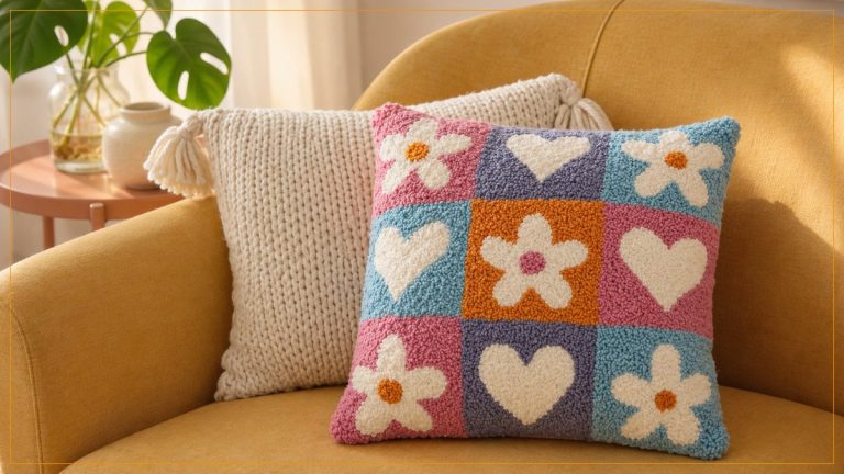 Almofada Flores em Punch Needle: Arte e Cor na Decoração