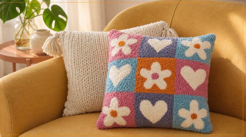 Almofada Flores em Punch Needle com Lã Paratapet Pingouin - flores e corações coloridos