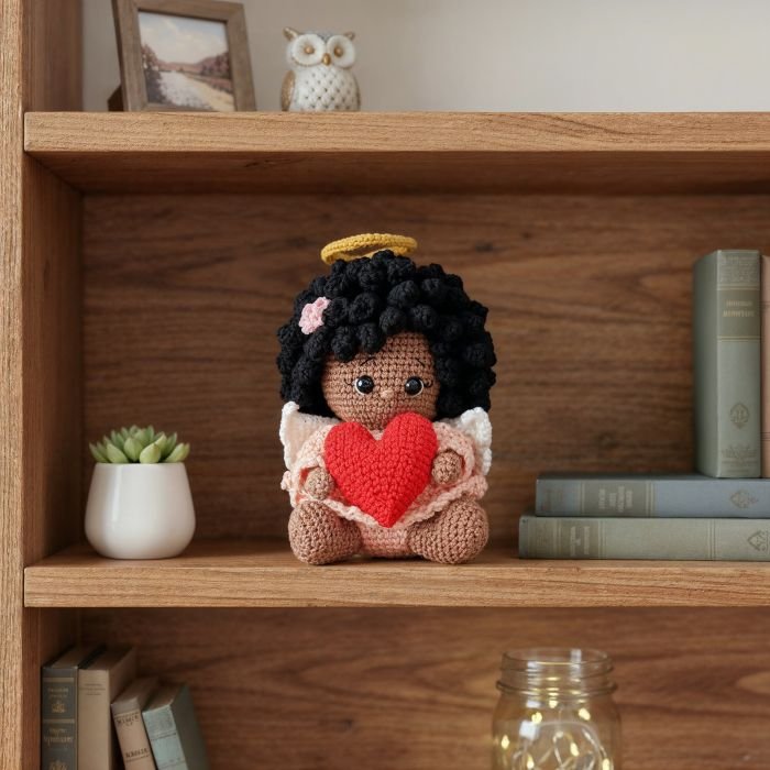 Anjinha Aurora amigurumi de crochê com asas brancas, cabelo cacheado preto e coração vermelho nas mãos