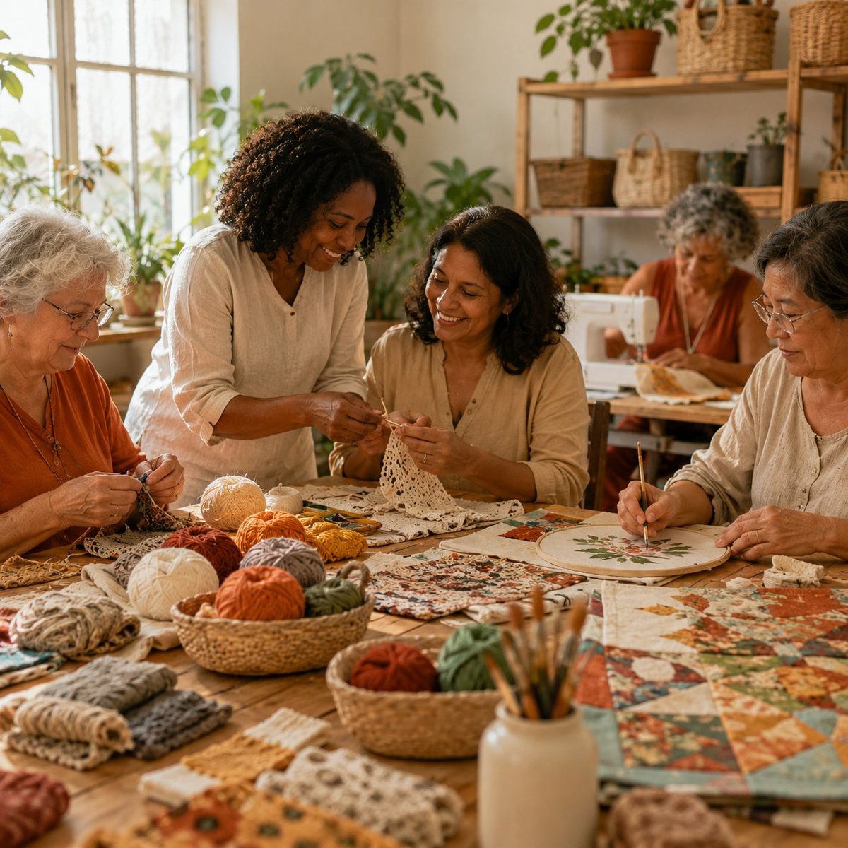 Grupo de artesãs sorrindo e exibindo peças de crochê, bordado e patchwork