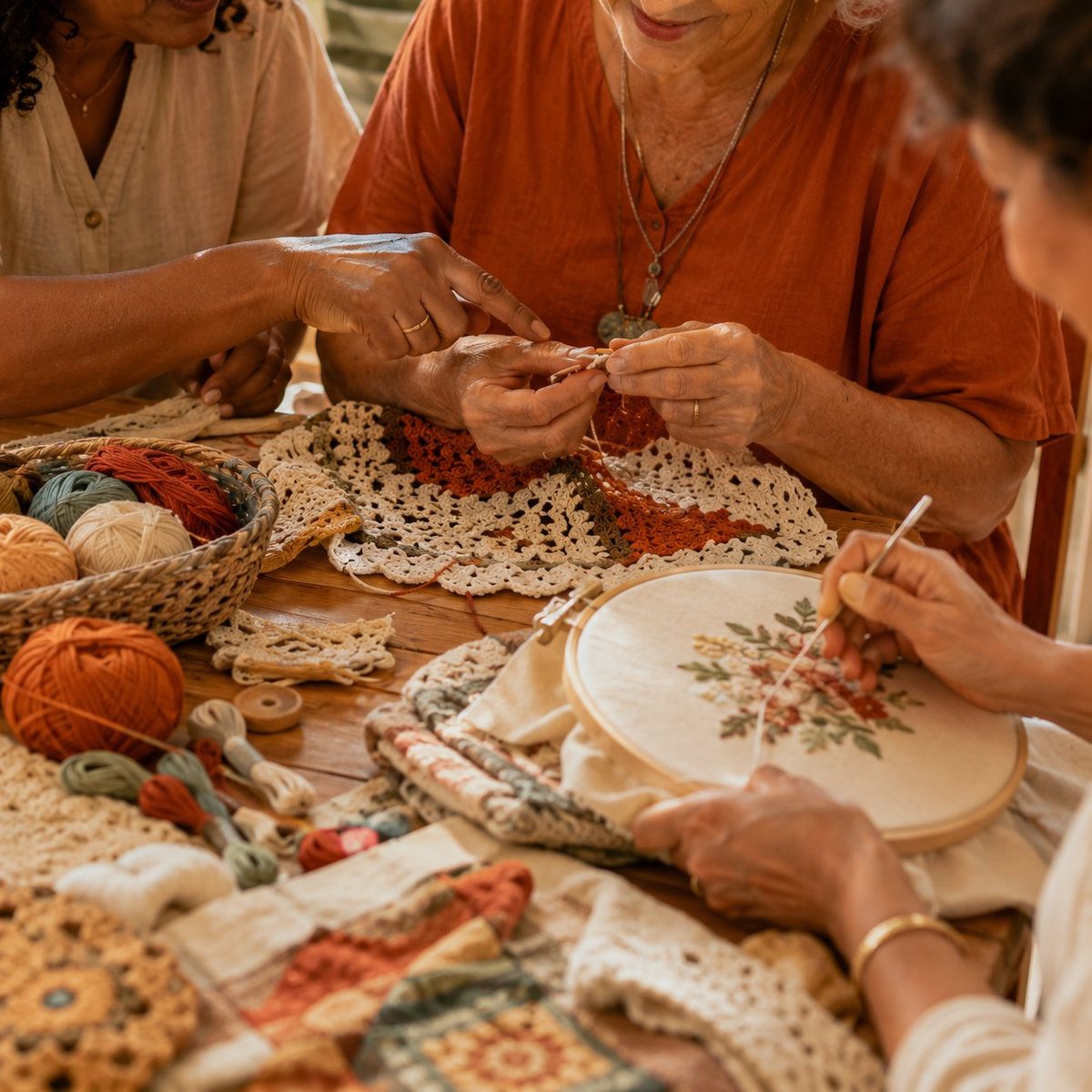 Mesa de artesanato com peças de crochê, bordado, flores e novelos coloridos