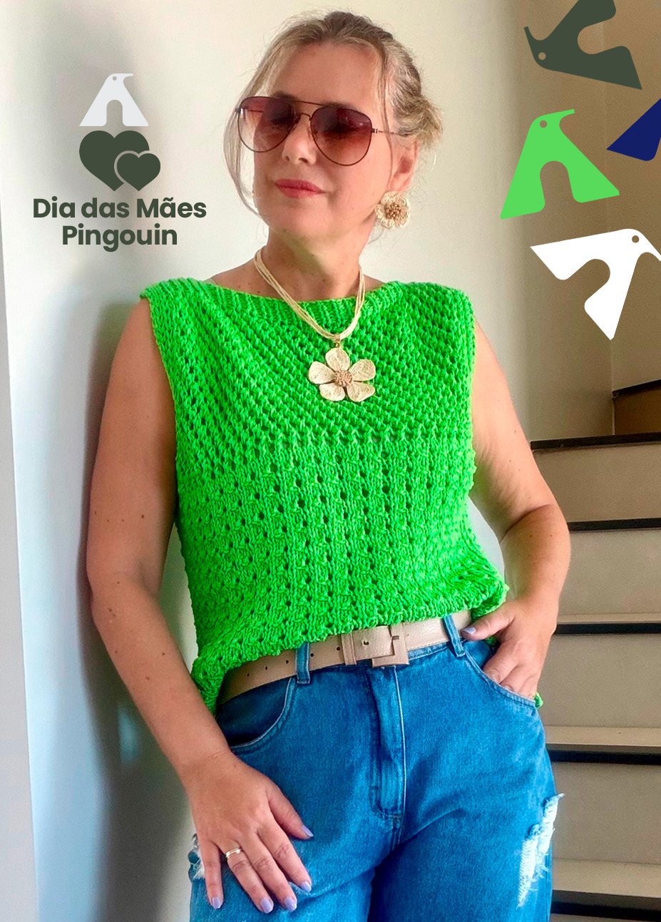 Blusa Alice de tricô — vista frontal com ponto fantasia vazado em verde vibrante