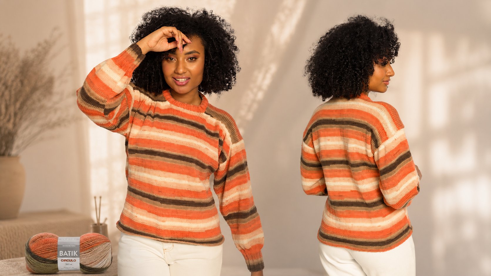 Blusa Batom de Tricô com Lã Batik Círculo - frente e costas com listras degradê em tons terrosos e laranja