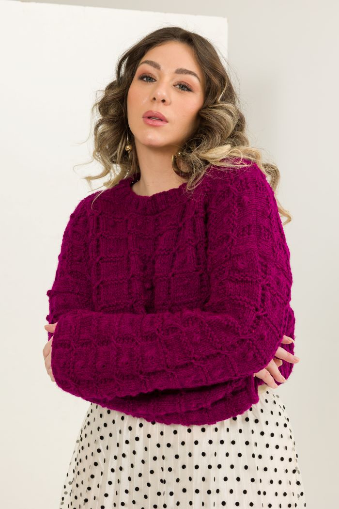 Blusa Begônia de Tricô com Lã Mollet Círculo - frente e costas com ponto fantasia em magenta
