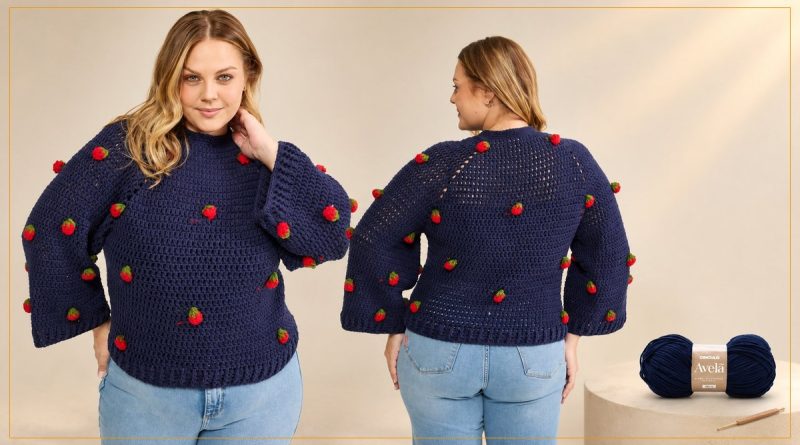 Blusa Berry de crochê com aplicações de morango em fio Avelã Círculo na cor Veludo Intenso