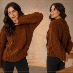 Blusa Chocolate de tricô feita com Fio Amiga Círculo na cor castanho, vistas de frente e costas