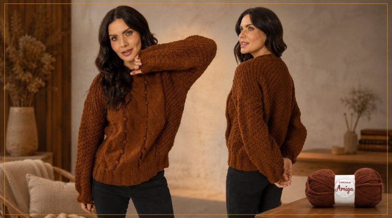 Blusa Chocolate de tricô feita com Fio Amiga Círculo na cor castanho, vistas de frente e costas