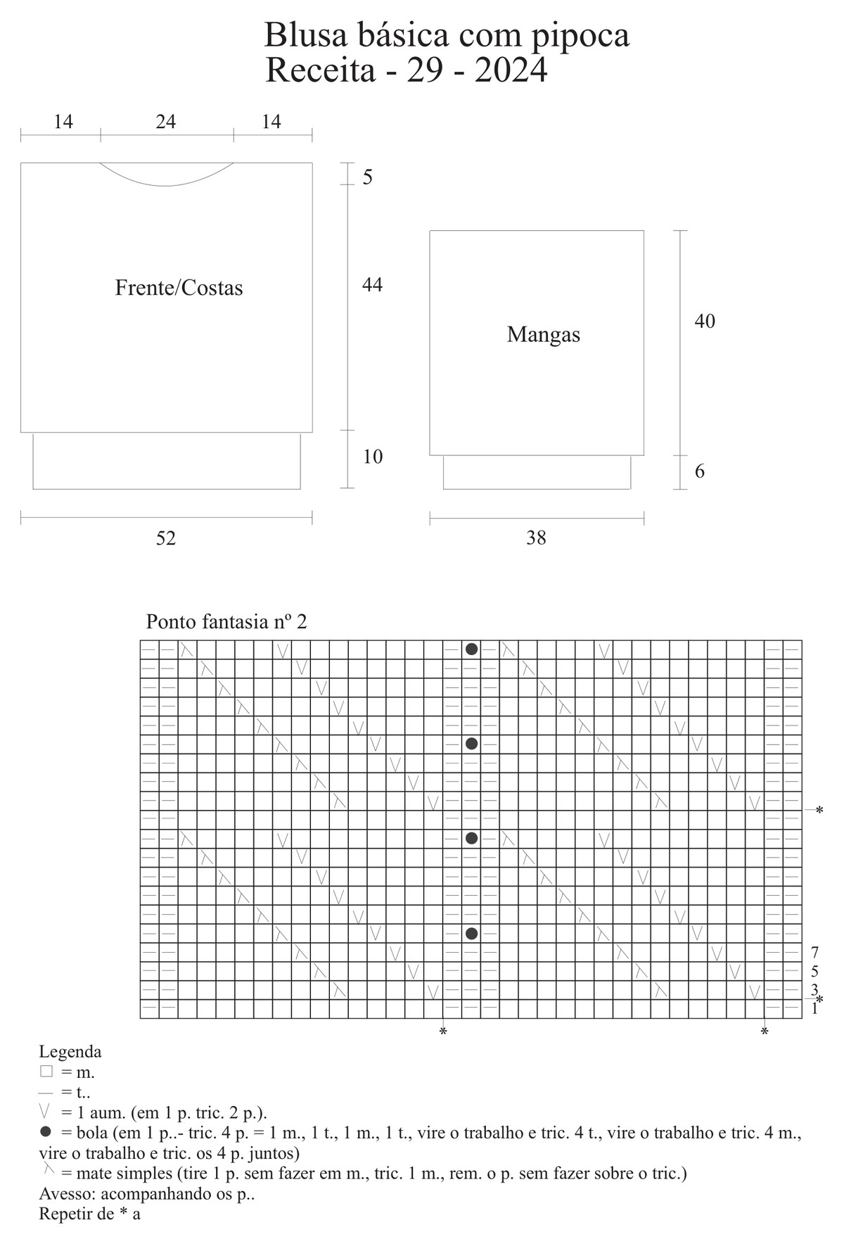 Gráfico e molde da Blusa Chocolate de tricô: medidas da frente, costas, mangas e ponto fantasia nº 2