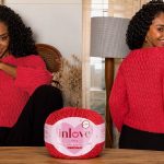 Blusa Luiza de tricô com Linha In Love Círculo na cor vermelha — frente, costas e novelo In Love 100g