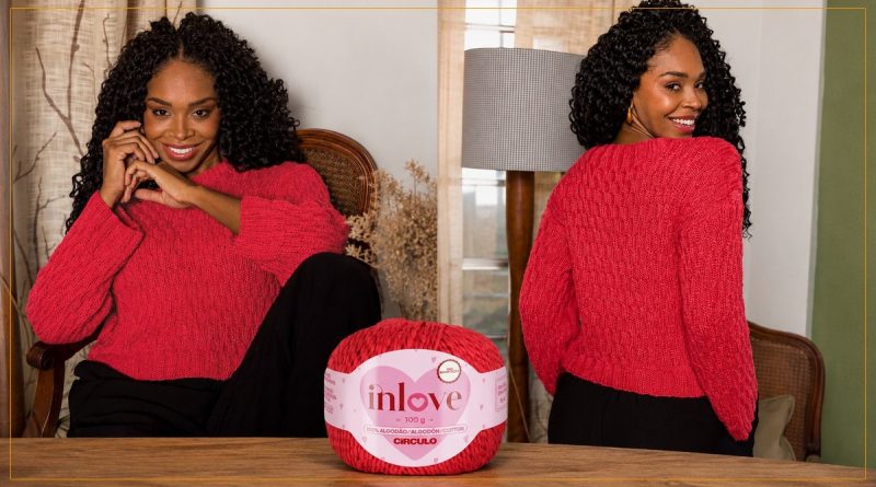 Blusa Luiza de tricô com Linha In Love Círculo na cor vermelha — frente, costas e novelo In Love 100g