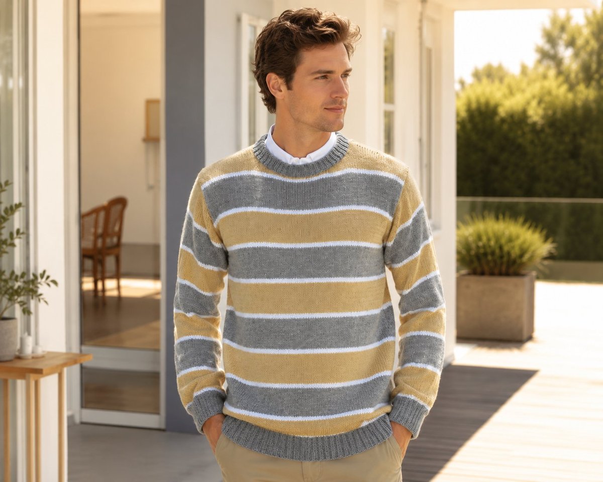 Blusa masculina listrada de tricô com Fio Sedificada Pingouin em três cores: cream, cinza granito e branco
